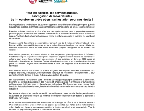 Pour les salaires, les services publics,  l’abrogation de la loi retraites  Le 1er octobre en grève et en manifestation pour nos droits !